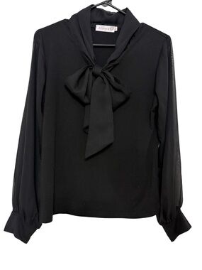 Black Sheer Sleeve Blouse with Sheer Pussycat Bow by Allegra K Size Medium